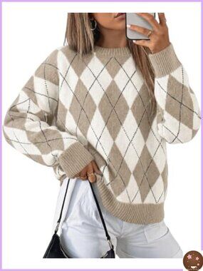 Oversized Argyle Plaid Knit Pullover Sweater Long Sleeve Crew Neck